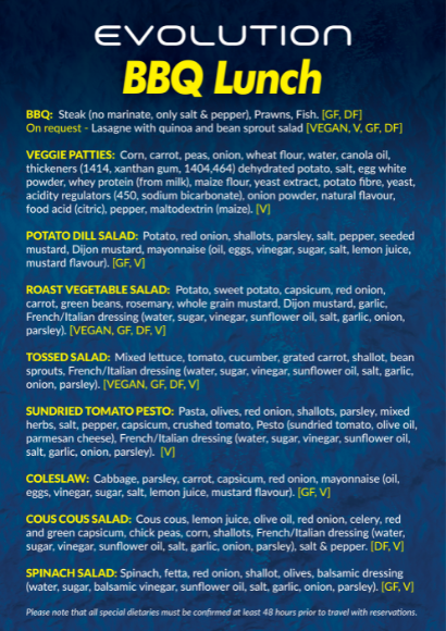 Download the latest food menu that is served onboard Down Under Cruise and Dive full day reef tour